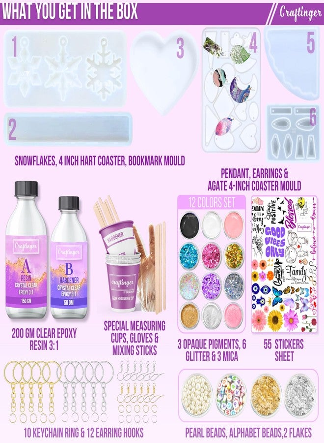 Craftinger Pro DIY Resin Art Kit Complete Crafting Kit with 200g Resin, 7 Moulds, Glitter, Pigments, Mica, Tools and Accessories for Keychains, Coasters, Earrings, Bookmarks & More - Image 2